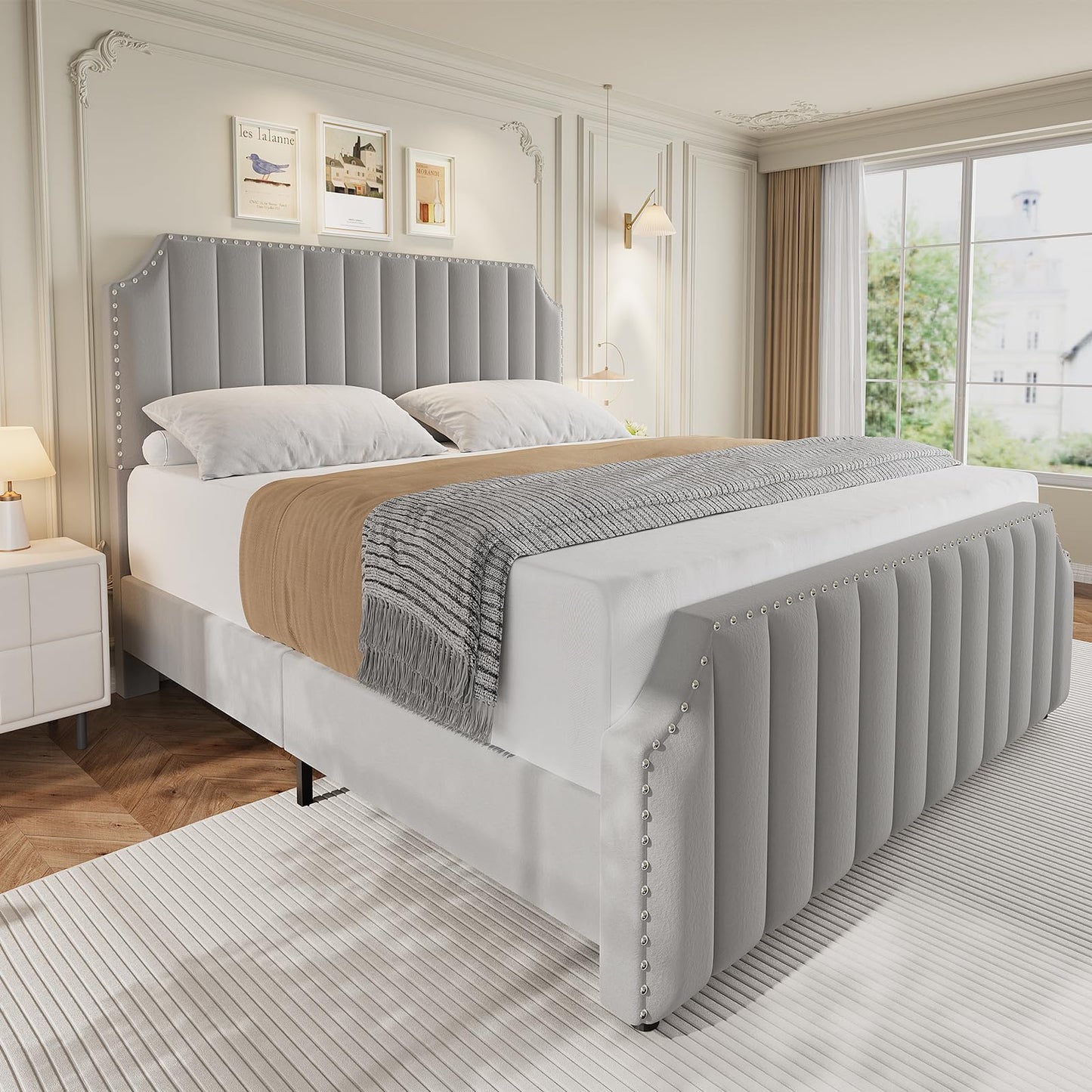 King Size Velvet Bed Frame, Vertical Channel Tufted 50.2 in Tall Headboard and Footboard with Nailhead Trim, Upholstered Platform Bed, Strong Wooden Slats, No Box Spring Needed, Easy Assembly, Grey