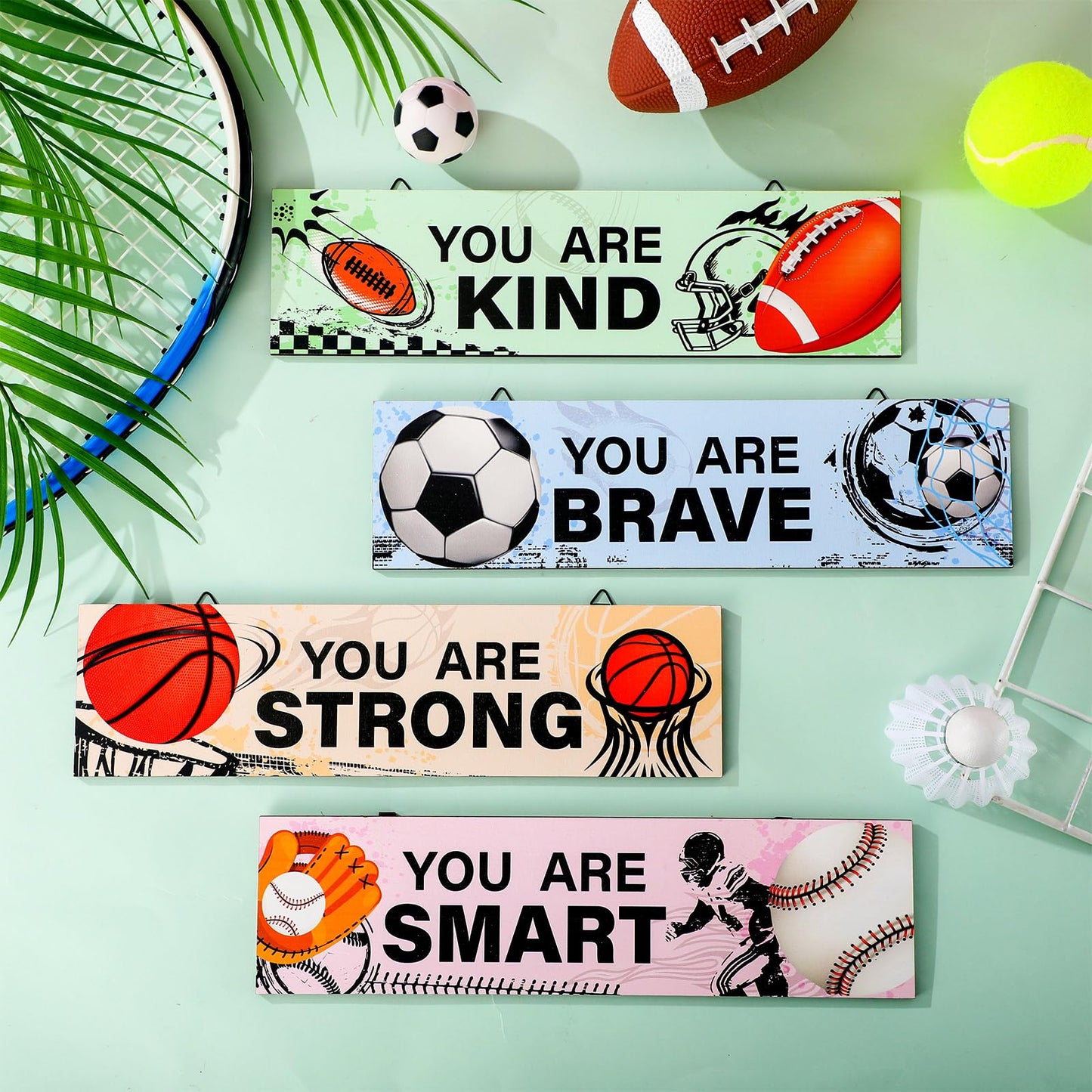 Geetery 4 Pcs Sport Bedroom Wall Decor Boys Room Decor for Kids Soccer Basketball Baseball Football Wall Art Inspirational Wooden Hanging Sign for Boys Girls Kids Nursery Playroom Kindergarten