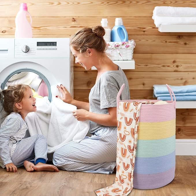 XUANGUO Rope Laundry Basket Hamper for Kids Girl Woven Storage Basket for Living Room Bedroom Boho Tall Baskets for Blanket Toys Pillow Towels Baby Nursery Hamper Bin rainbow Large