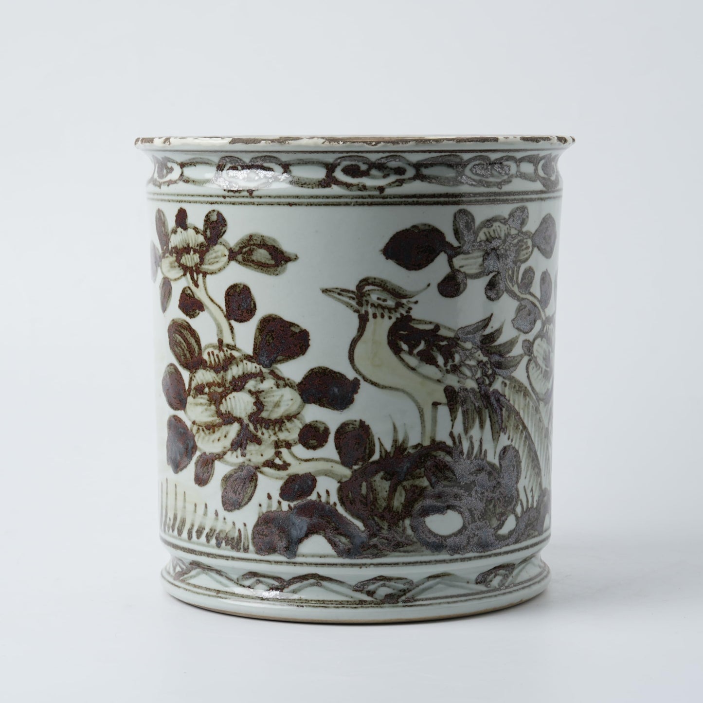 Antique Hand-Painted Flower and Bird Porcelain Pen Holder Old Style Ceramic Planter 9.7 Inch Large Plants Vase Blue & White Porcelain Silla Flower Plant Pots (Brown)