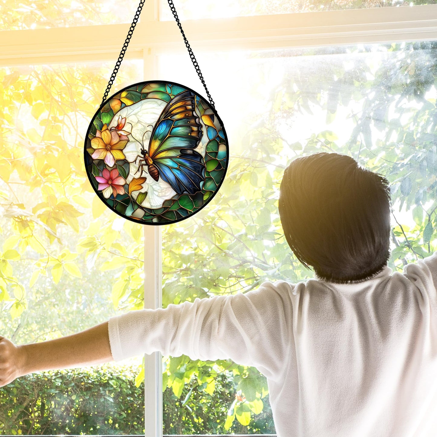 DASTOLL Stained Glass Window Hanging, Butterfly Flower Sun Catchers Diamond Glass Panel Hangings Insect Suncatcher Decor for Birthday for Women, Men, Wife, Aunt, and Mom 6.3 in