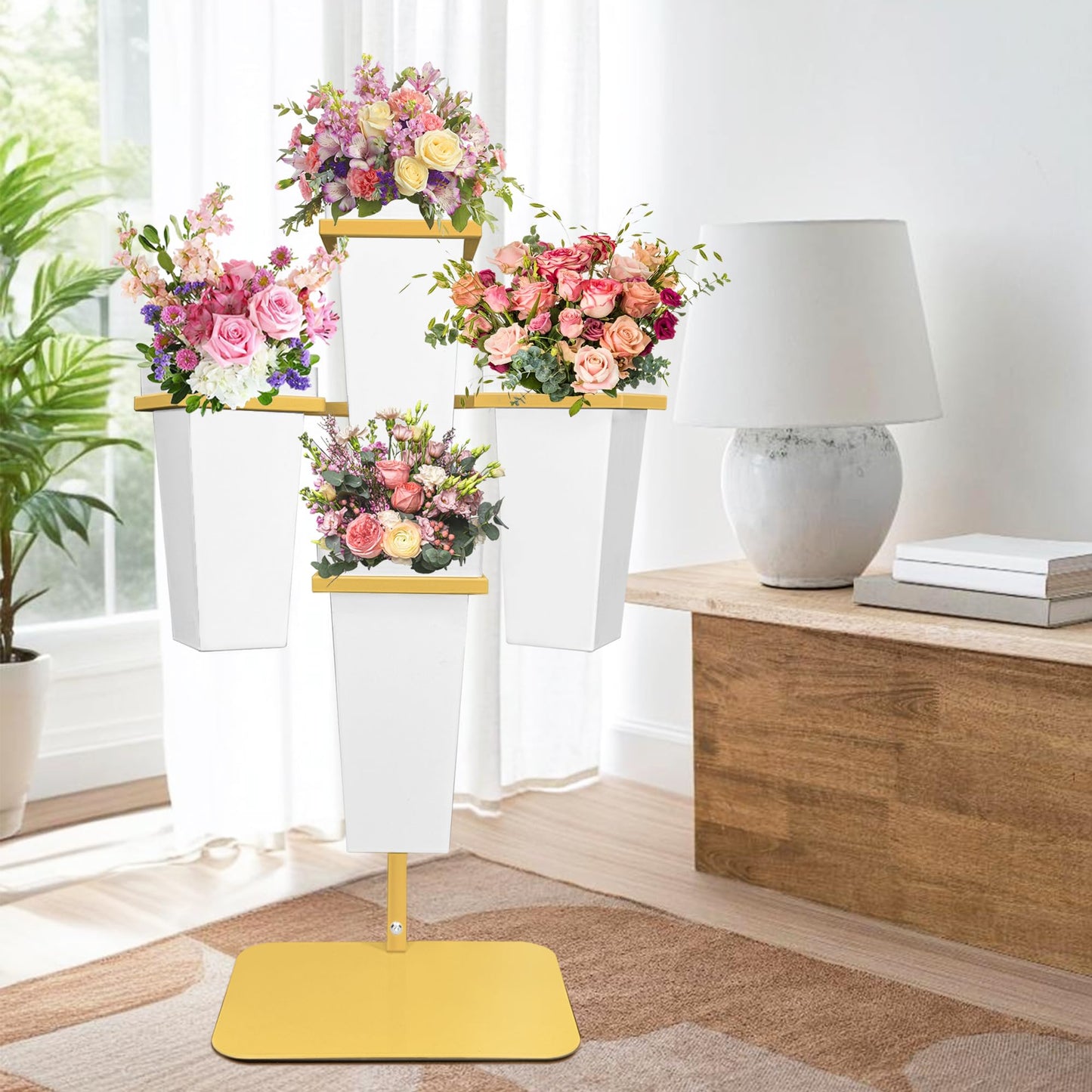 PROLEE Flower Display Stand with Buckets, Wedding Flower Cart Display Stand with Wheels,Flower Stand for Wedding Party, Events and Garden Decor (White)