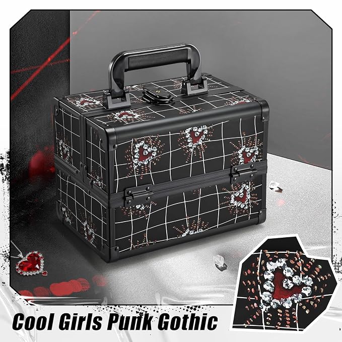 Joligrace Makeup Train Case Portable Makeup Case Organizer 2 Trays Cosmetic Box Storage with Mirror Lockable with Key for Cosmetics Nail Tech Traveling Makeup Travel Box Punk Love Hearts