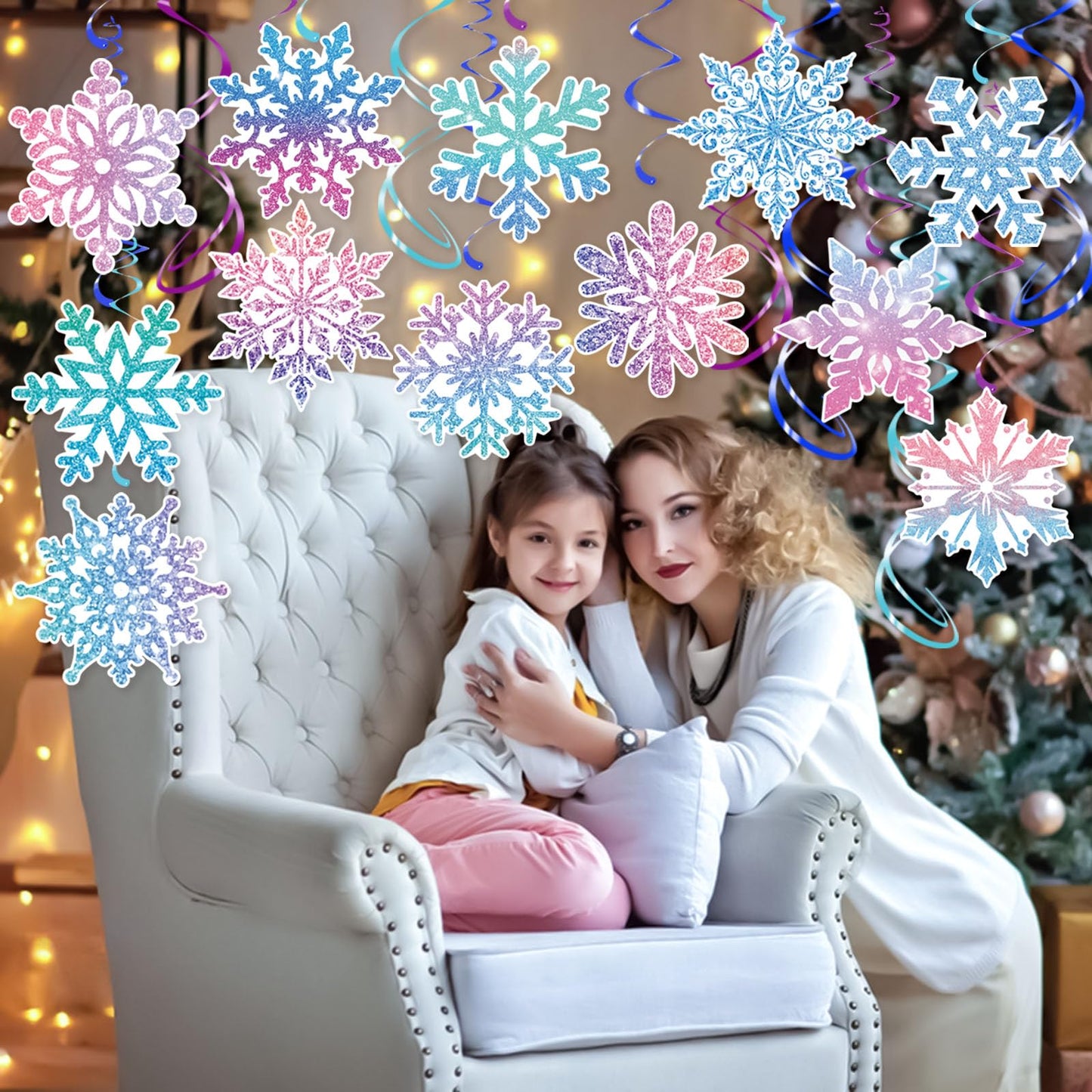30Pcs Winter Snowflake Hanging Swirl, Frozen Snowflake Ceiling Streamers Hanging Decorations for Christmas Winter Wonderland Frozen Party Supplies