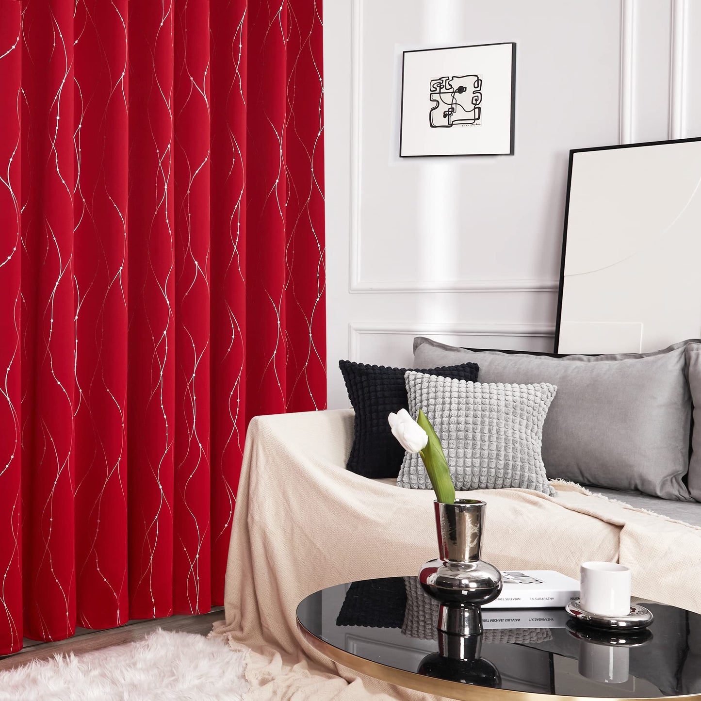 Deconovo Christmas Curtains, Red Curtain, Blackout Drapes, Thermal Insulated Noise‑Reduced Drape, Wave Line Dots Foil Print, 52 x 84 Inch, 2 Panels, Machine‑Washable Window Panel for Party Living Room