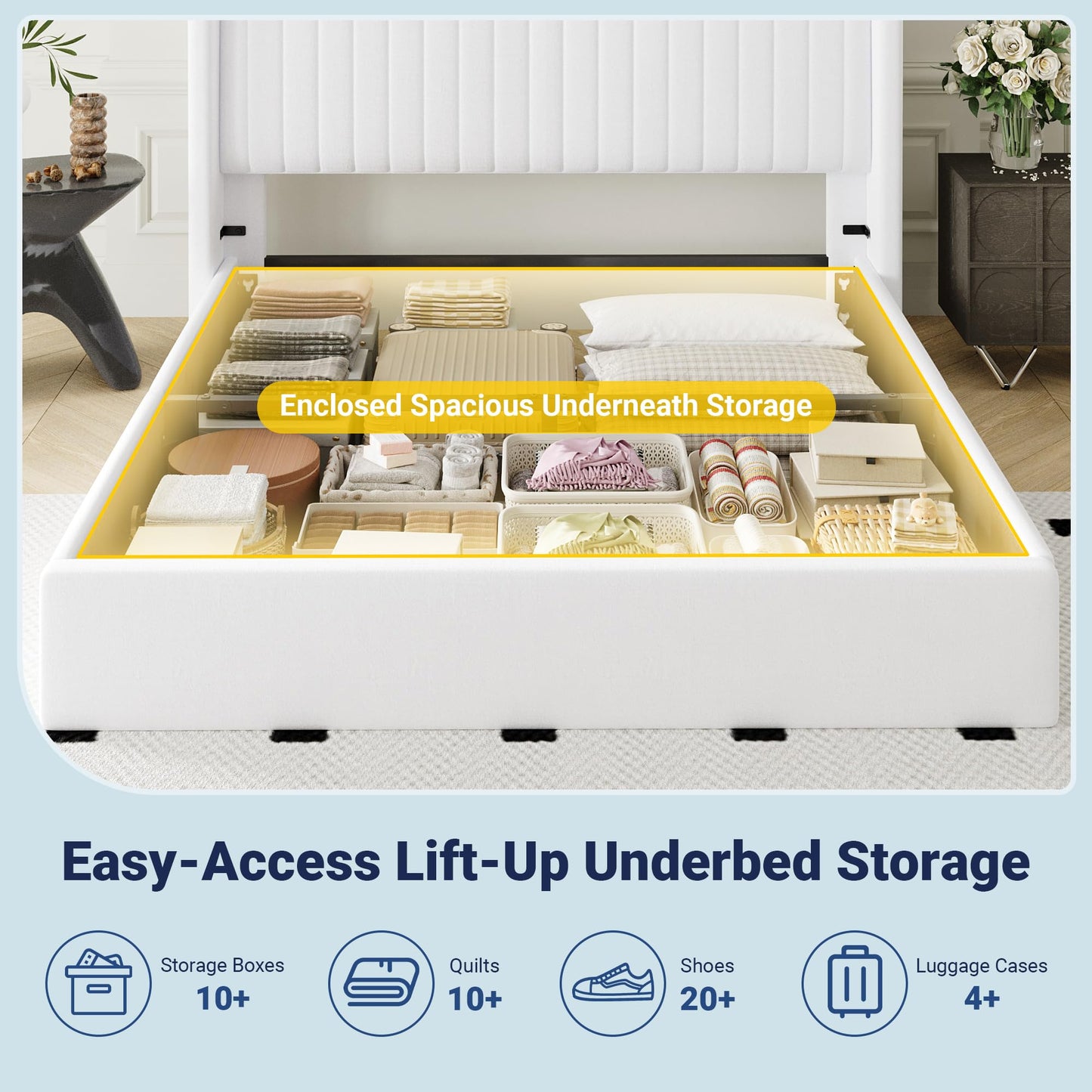 Allewie Queen Size Lift Up Storage Bed Frame, Hydraulic Support System, Upholstered Platform Bed Frame, Underneath Storage, Vertical Channel Tufted Headboard with Wingback, No Box Spring Needed, White