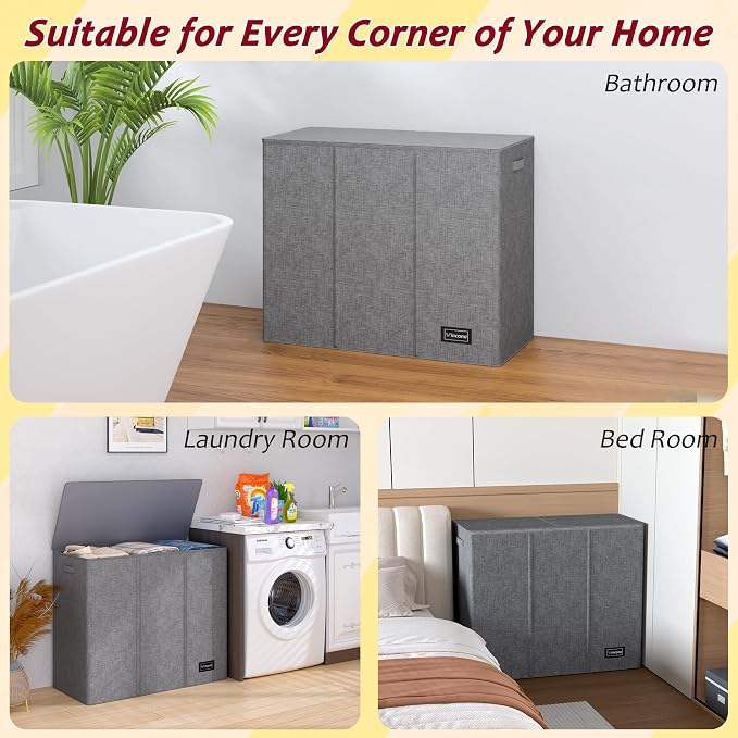 195L Laundry Hamper 3 Section,Large Laundry Hamper with Lid,Dirty Clothes Hamper with 3 Inner Bags,Collapsible Laundry Basket Organizer for Laundry Room,Bedroom,Laundry Sorter Hamper 3 Compartment