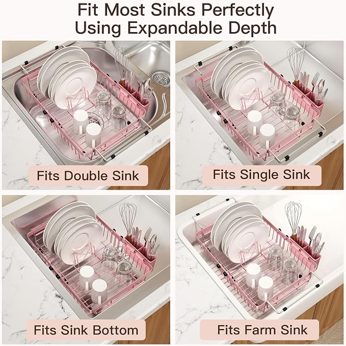 MAJALiS Pink Dish Drying Rack Over The Sink, Expandable Stainless Steel Dish Drainer for Small Kitchen Counter Space Saving, RV Compact Plate Strainer in Metal with Hanging Adjustable Utensil Holder