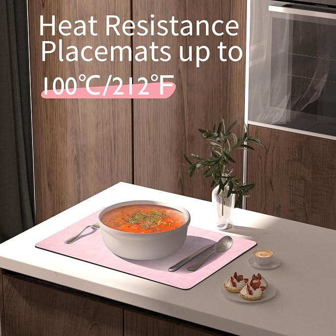 Maxpearl Faux Leather Placemats Set of 4 - Waterproof - Wipe Clean - Heat Resistant - Anti Slip Dining Table Place Mats, Suitable for Indoor & Outdoor Use, 17’’×12’’, Light Pink