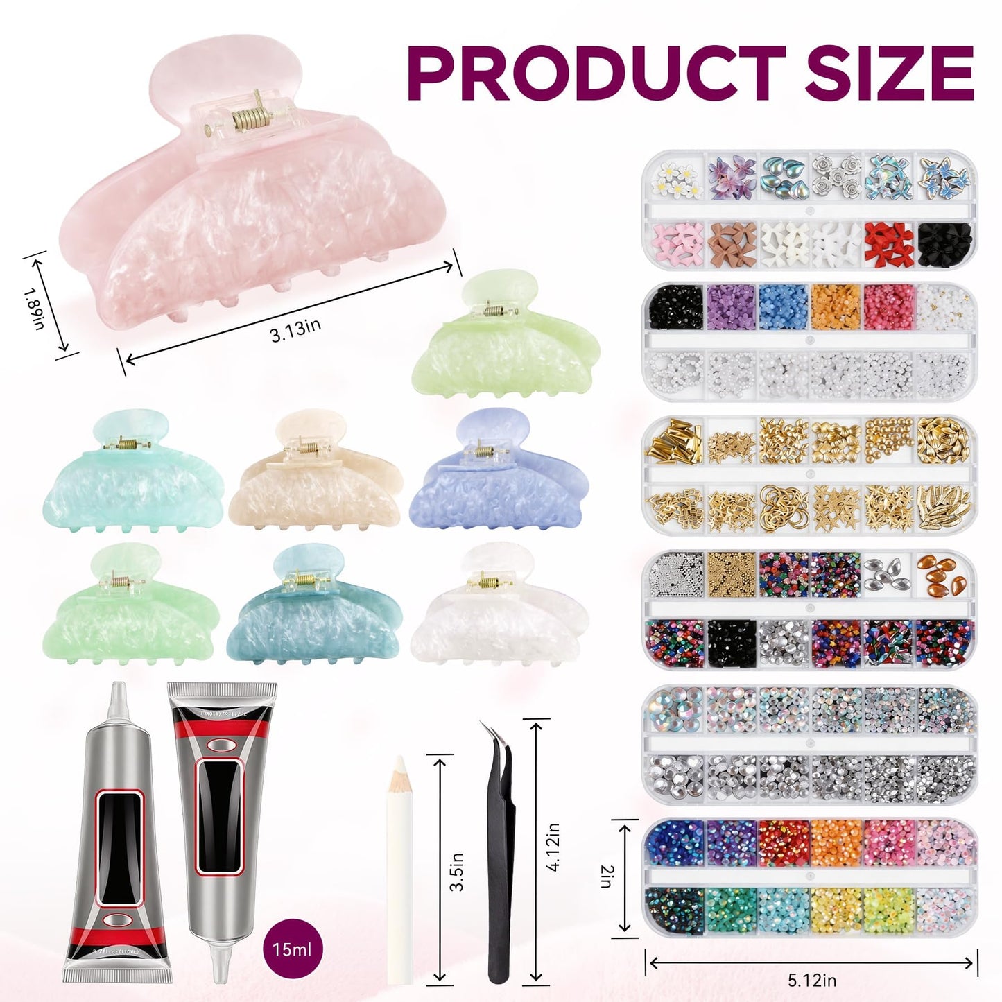 8 Sets DIY Hair Claw Clips Kit for Crafts, Acrylic Claw Clips Bulk with 72 Accessories & 4 Tools, Custom Hair Clip Making Kit, Resin Rhinestone Decor Claw Clip Set for Women Adults DIY Craft