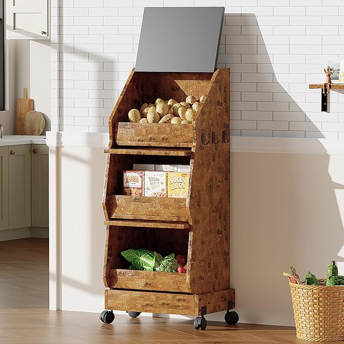 Potato and Onion Bin with Lid Movable Bread Box, Potato and Onion Storage with Wheels Black Movable, Vegetable Cabinet with 3 Tier Storage, Grocery Section Bread