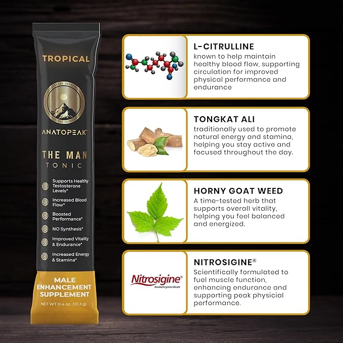 Male Enhancing Supplement Powder ??Testosterone Supplement for Men with Tongkat Ali, Maca Root, Horny Goat Weed Powder, Beet Root & L-Citrulline ??Nitric Oxide Enhancer (12 Stick Packs) - Tropical
