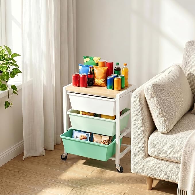 Rolling Cart with 3 Drawers, Plastic Drawer Storage Carts with Lockable Wheels & Wooden Tabletop, Metal Art Craft Utility Cart Organizer for Home Office Bedroom Dorm Bedside Classroom, Bright Green