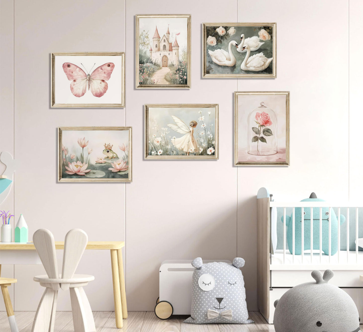 6Pc Coquette Wall Art Pastel Pink Trendy Posters Wall Decor White Swan Butterfly Frog Painting Pictures Castle Elf Aesthetic Floral Canvas Prints for Nursery Teen Girls Bedroom College Dorm Unframed