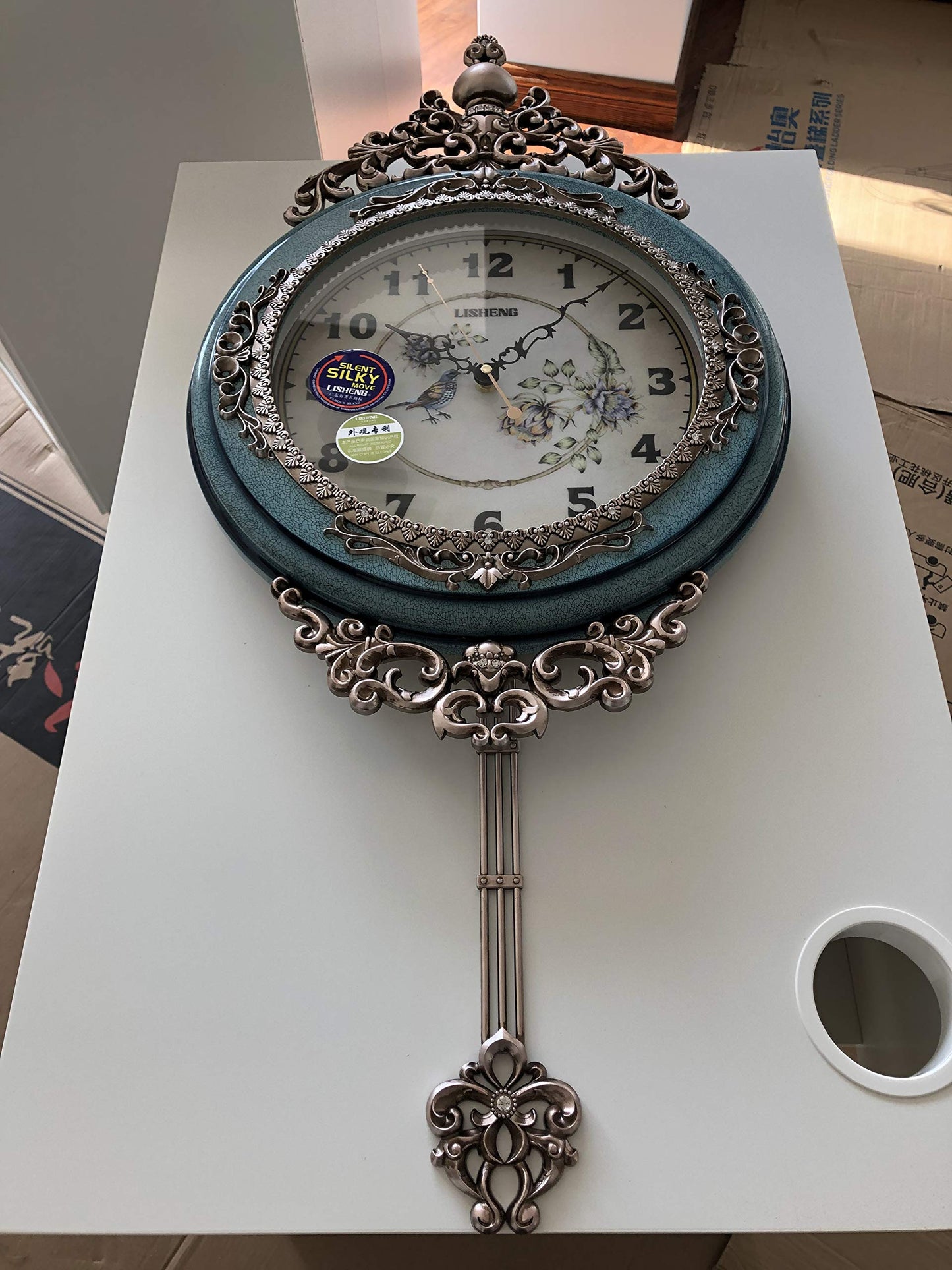 SHISEDECO Elegant, Traditional, Decorative, Hand Painted Modern Grandfather Wall Clock Fancy Ethnic Luxury Handmade Decoration, Swinging Pendulum for New Room or Office. Large. 29.5 Inch. (Blue)
