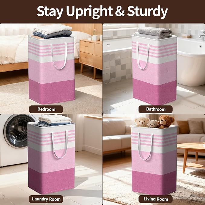WOWBOX 2 Pack Laundry Baskets, Laundry Hampers, Freestanding Dirty Clothes Hampers with Reinforced Handles & Cross Stitch & Waterproof Coating, for Laundry Bedroom Bathroom Dorm,88L Pink