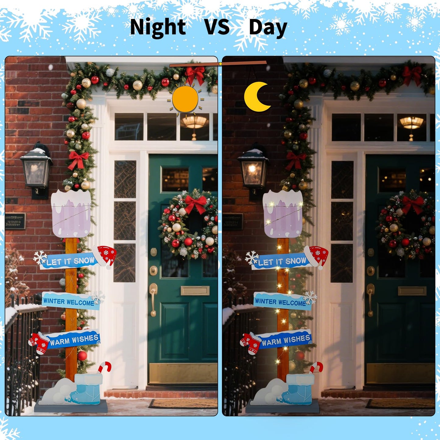 Lighted Wooden Winter Porch Sign | Let It Snow Winter Welcome Porch Decor |Xmas Hat Gloves Candy Cane Wood Signs for Winter Wonderland Bule Decorations