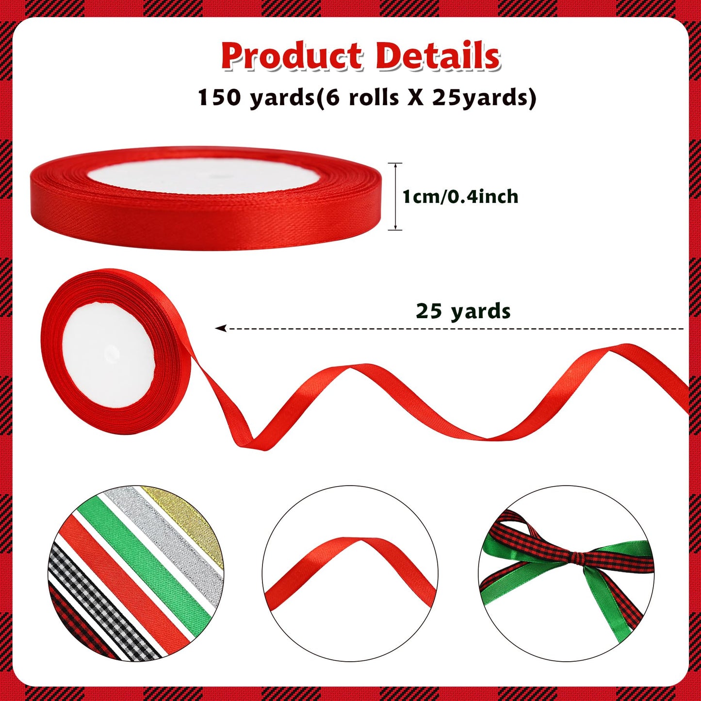 6 Rolls Christmas Wrapping Ribbon 3/8 Inch x 150 Yards Glitter Fabric Holiday Festival Satin Plaid Ribbons for Wrapping Decoration Floral Bows Craft(Christmas)