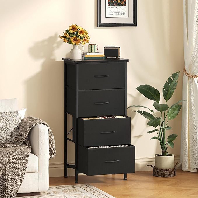 Sweetcrispy 4 Fabric Drawer Small Dresser, Bedside Nightstand with Wooden Top Sturdy Frame, Entryway Closet Bedroom Storage Cabinet Furniture for Dorm,Black