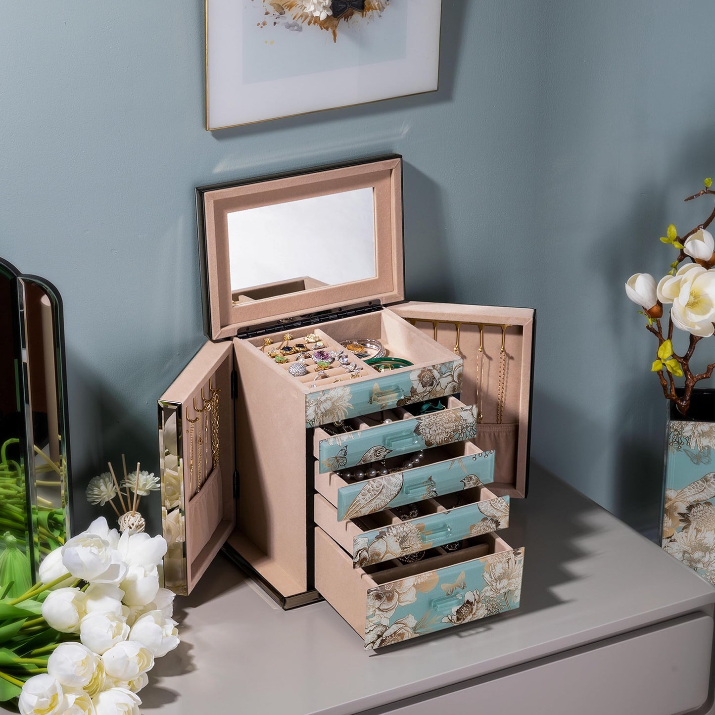 Homruilink High End Glass Jewelry Box, 5 Layer Jewelry Organizer for Women, Side Doors & Mirror, Velvet-Lined Storage for Rings & Necklaces, Ideal Gift (Bird & Floral)
