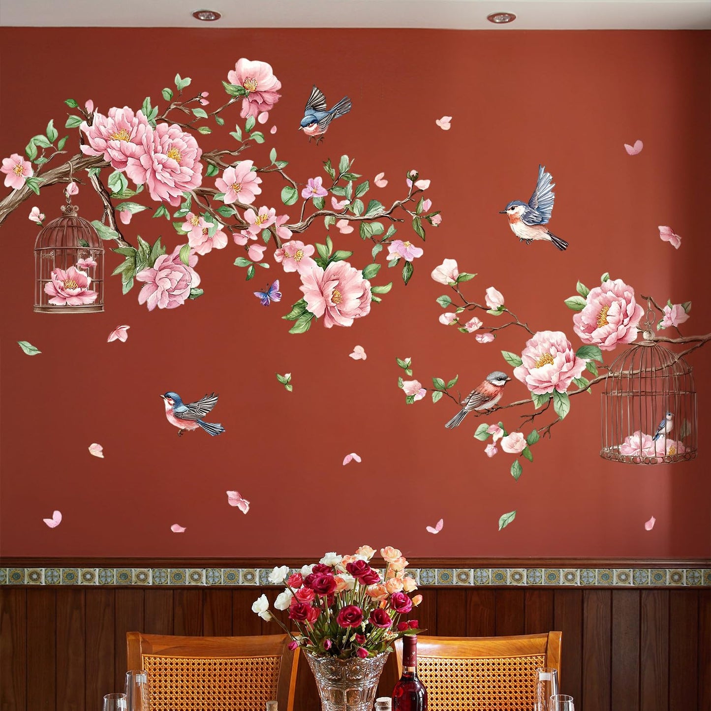 Removable Large Flowers with Tree Branches Wall Stickers – DIY Peony Floral Birds Wall Decals, Peel and Stick Leaves & Birdcage Wall Decor for Kids Girls Bedroom, Nursery, Living Room, Classroom
