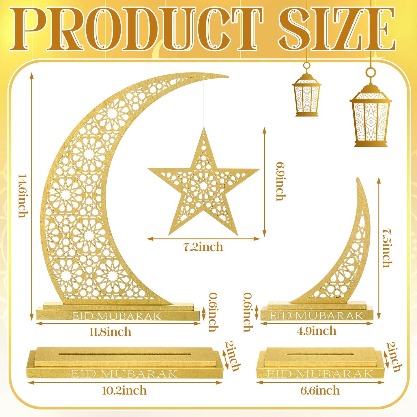 Wesiti 2 Pcs Eid Al Adha Decorations Eid Mubarak Wooden Table Decoration Islamic Gifts for Muslim Gold Crescent Lamp with Moon Star Centerpiece Light for Al Adha Decor Muslim Holiday Celebration