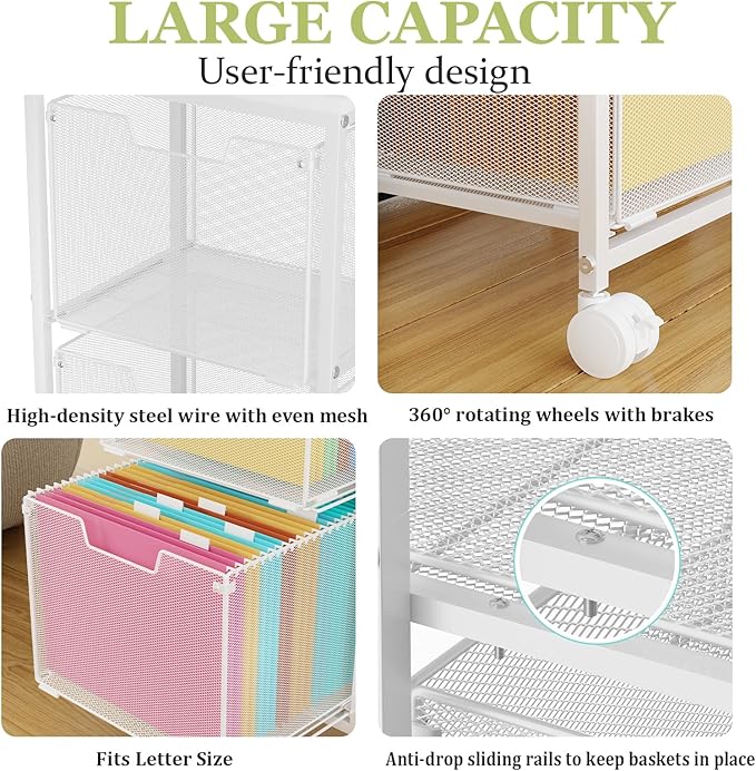 Rolling File Cart with 2 Storage Drawers,Under Desk Storage Cart,Hanging File Folder Organizer with Wheels, Filing Cabinet Mobile Printer Stand Utility Craft Cart for Home Office,White
