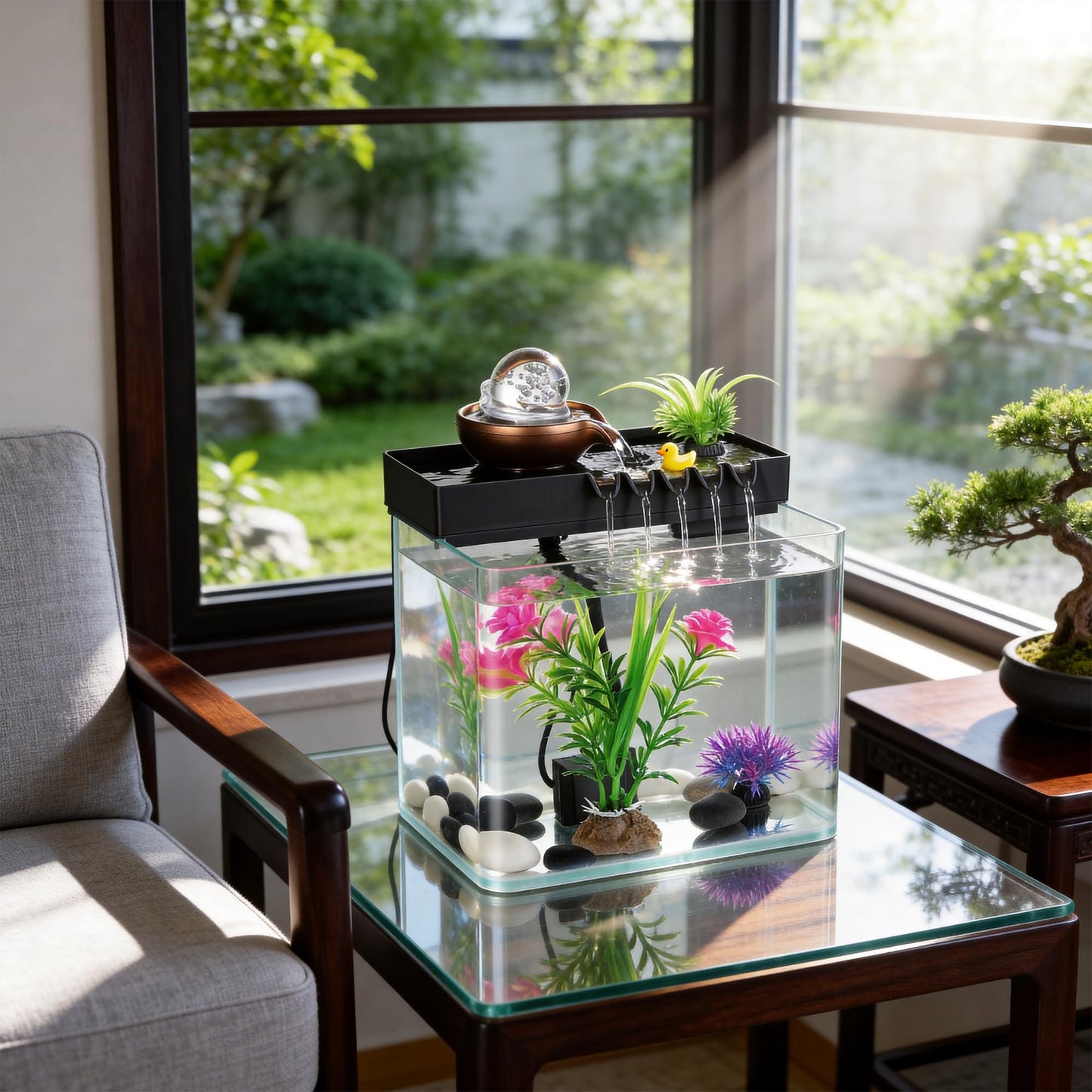 GY SoftGleam Indoor Water Fountain, 5-in-1 Tabletop Waterfall with Fish Tank & Mist Spray Humidifier, Desktop Fountain for Office Decor, Relaxing Small Water Feature for Bedroom Living Room Home
