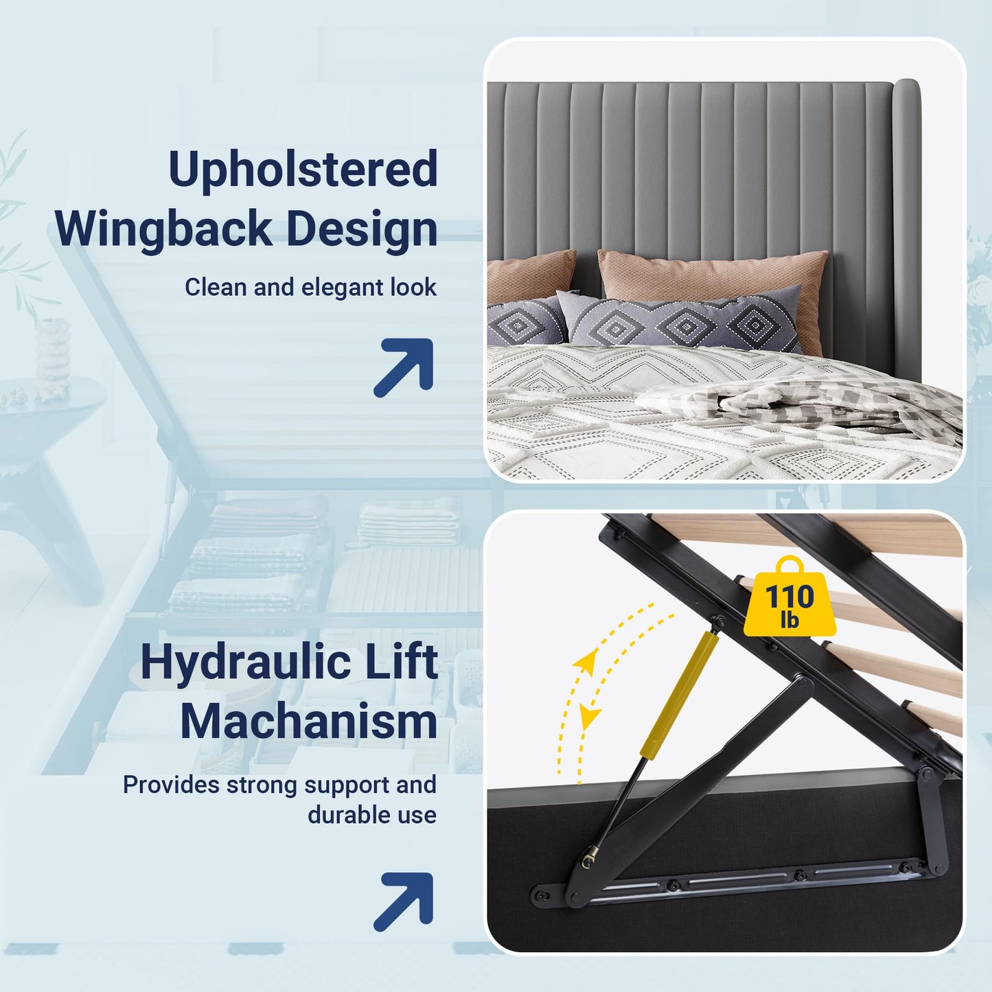 Allewie Queen Size Lift Up Storage Bed Frame, Hydraulic Support System, Upholstered Platform Bed Frame, Underneath Storage, Vertical Channel Tufted Headboard with Wingback, No Box Spring Needed, Grey