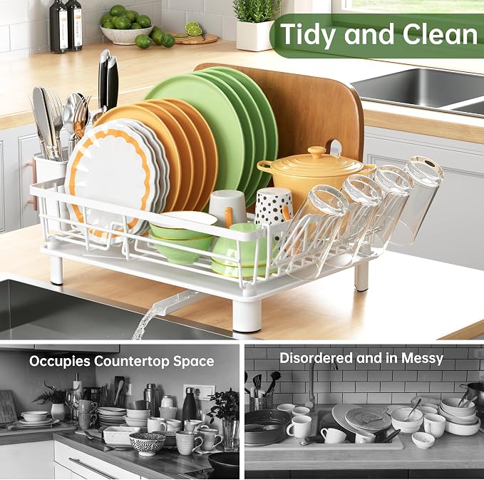 Dish Drying Rack, Dish Racks for Kitchen Counter, Detachable Dish Drainer with Drainboard, Utensil Holder, Cup Holder, Space Saving Kitchen Drying Rack for Small Home and Appartment, White