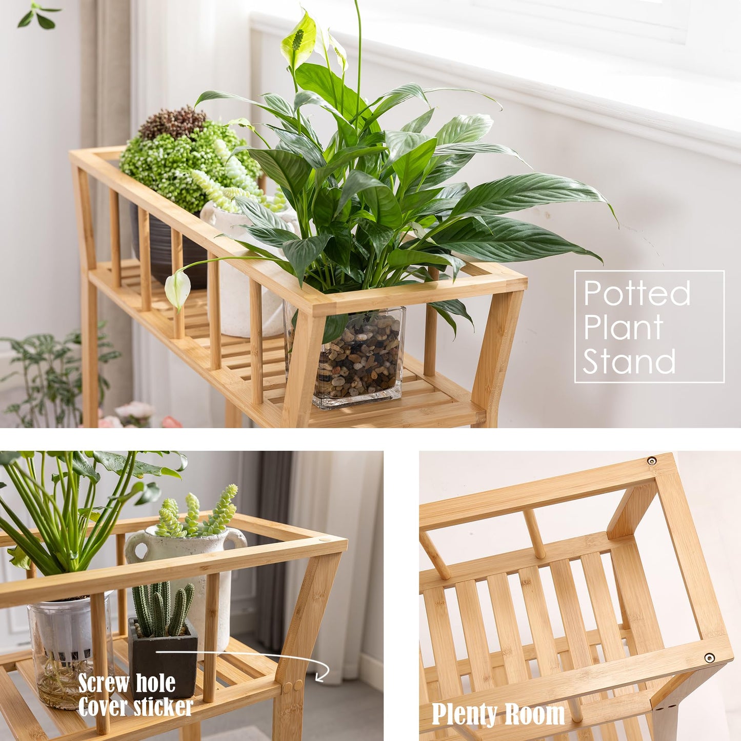 Nnewvante Bamboo Plant Stand Indoor 37.4"x11" 2 Tier Tall Plant Table Shelf Flower Pot Organizer Holder, Sofa Entryway Table for Window-sill Living Room Balcony