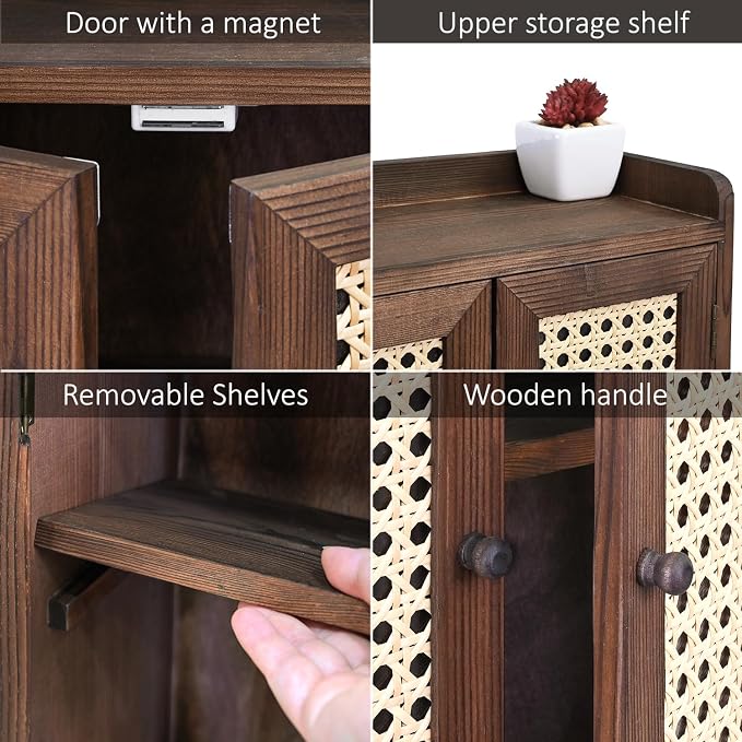 Ikee Design Wooden Countertop Storage Cabinet with Magnetic Rattan Doors, Kitchen Pantry Cabinet with Removable Shelves, Coffee, Snack, Cup Organizer, Dark Brown Color, 12.1W x 6.1D x 15.7H in