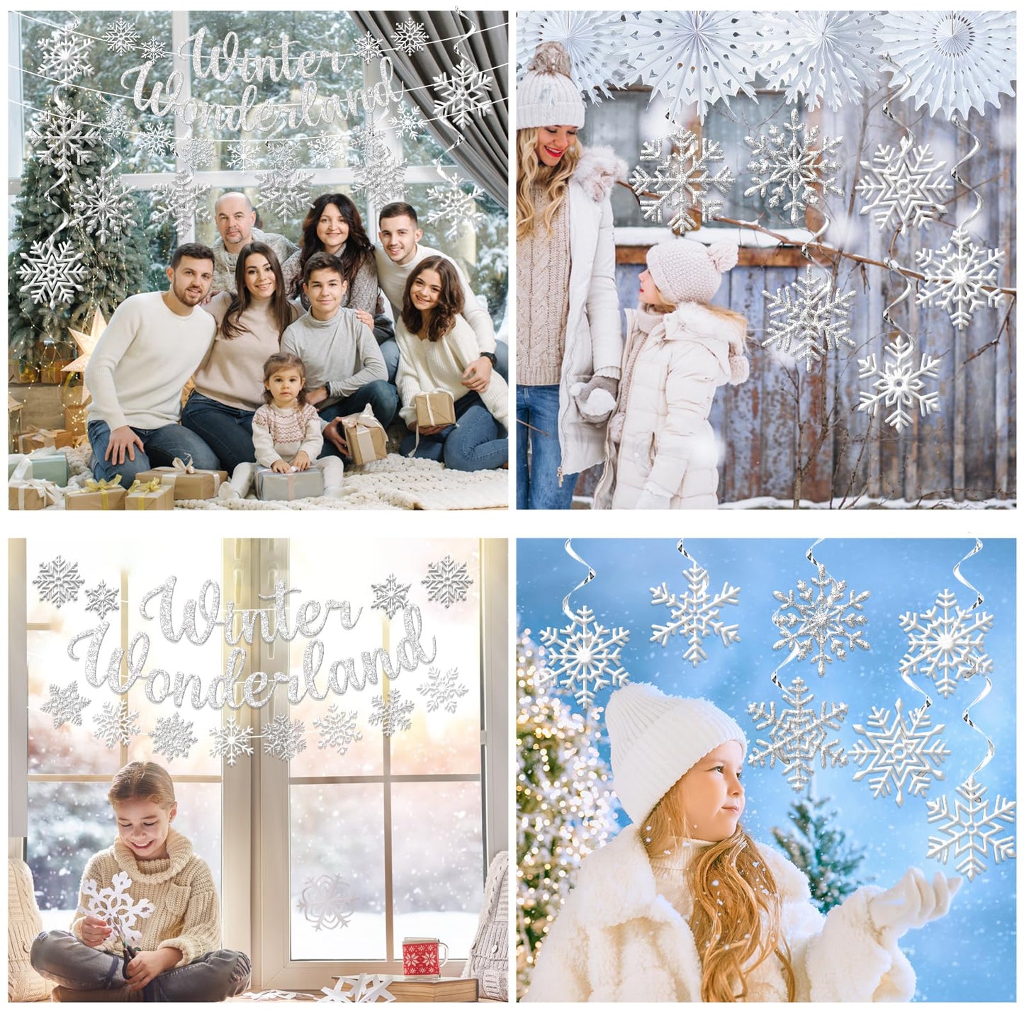 Winter Wonderland Decorations, Silver Winter Wonderland Christmas Decorations Includes Glitter Banner and Snowflake Hanging Swirl, Snowflakes Ornaments Banner for Indoor Office Decorations