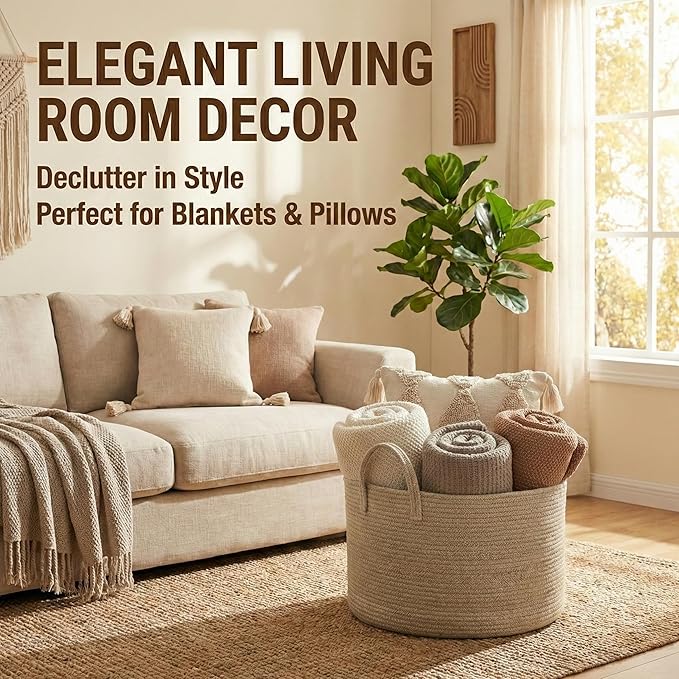 JMvicyroam 115L Extra Large Blanket Basket for Living Room - Woven Cotton Rope Laundry Hamper with Reinforced Handles - Storage Bin for Pillows, Comforters & Toys - Machine Washable,Oatmeal