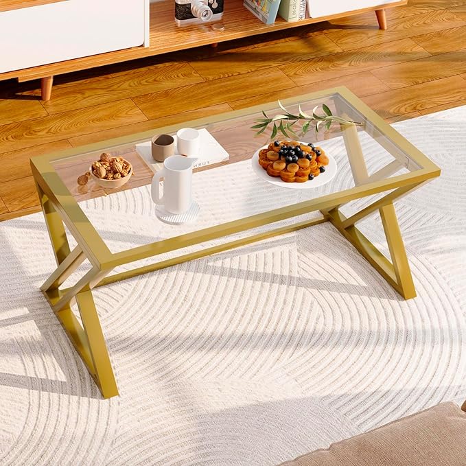 Wolawu Coffee Table Gold Glass Coffee Table for Living Room,Modern Rectangular Center Table with Sturdy Metal Frame,Tempered Glass Table Tea Tables for Bedroom Home Office