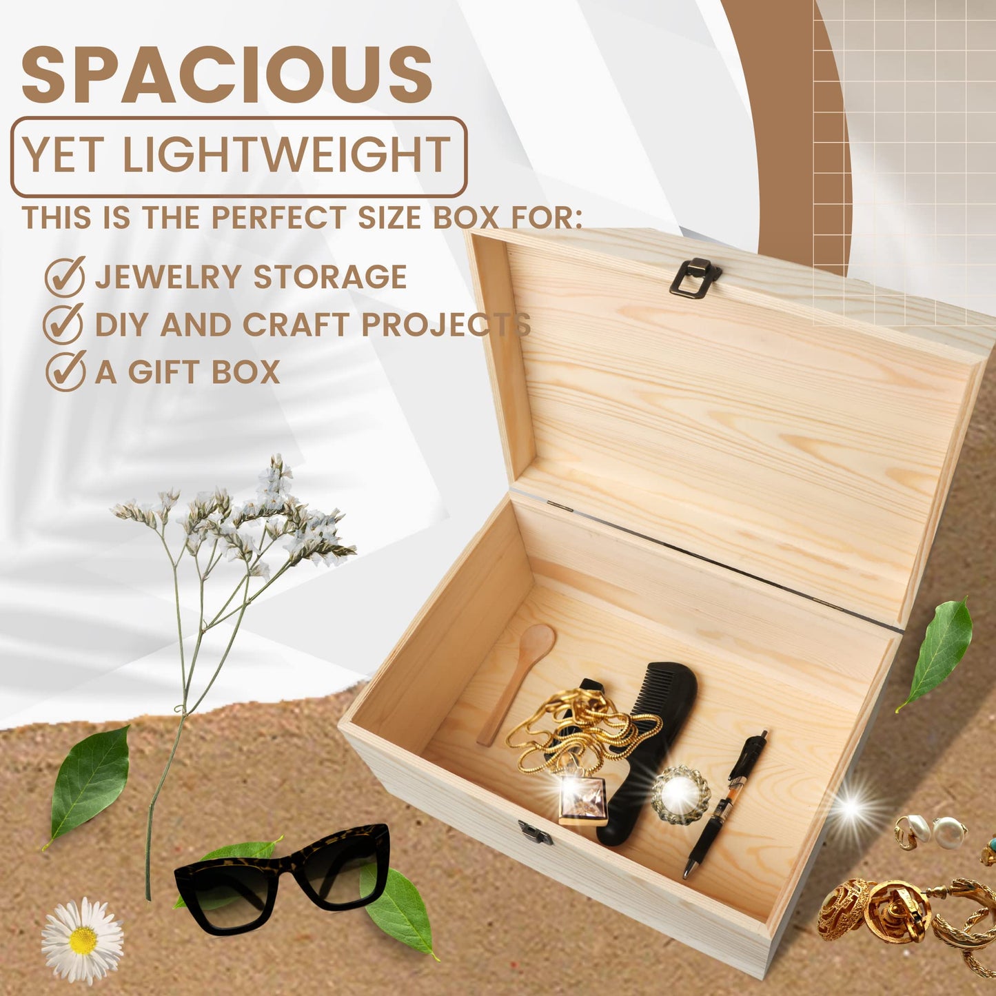 VIKOS Products 13.8x9.9x6.7-Inch/ 3.33-Gal. X-Large Unfinished Wooden Box for DIY Crafts & Storage with Hinges & Retro Front Clasps - Natural Pine - Smooth Paintable Surface