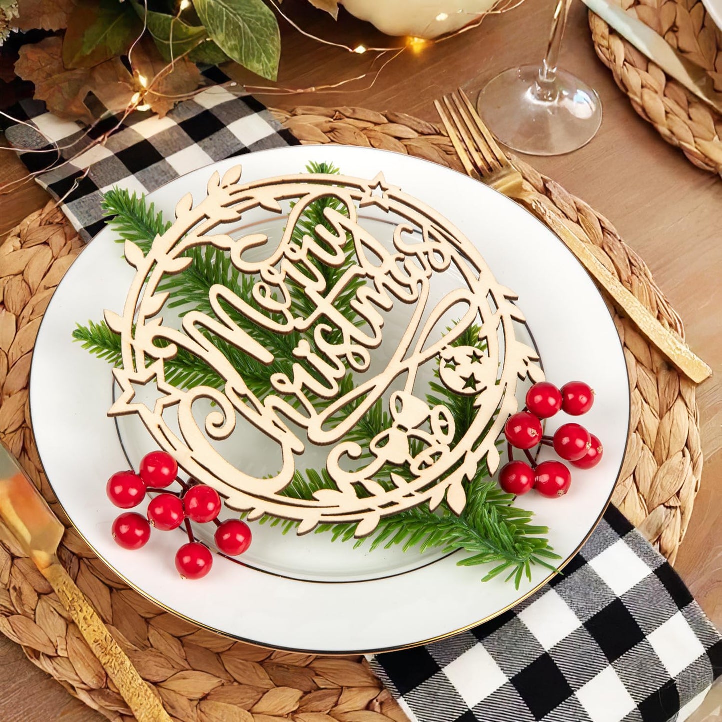 12 Pcs Christmas Wooden Plate Decor Merry Christmas Wood Cutouts Winter New Year Party Place Card Table Settings Signs for Farmhouse Dining Table Holiday Tree Decoration Ornament Flowers