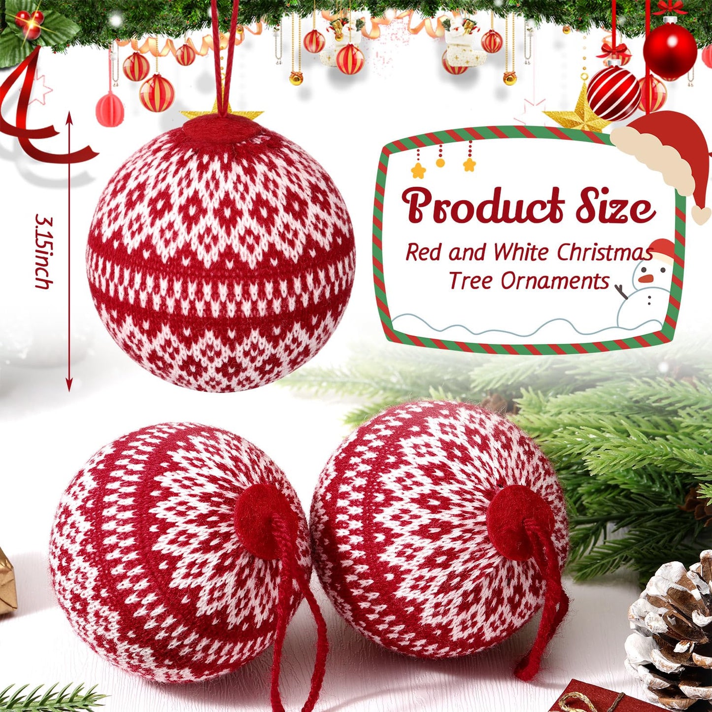 Weysat 12 Pcs 3.15" Red Knitted Sweater Christmas Balls Large Rustic Handmade Hanging Ball with Snowflake Pattern Christmas Tree Ornaments for Party Holiday Farmhouse Decorations Gifts