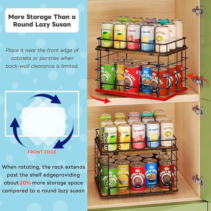 360° Rotating Can Rack Organizer for Pantry, 2-Tier Lazy Susan Can Organizer Holds Up to 26 Soda Cans, Metal Wire & Wood Shelf with Turntable Storage for Kitchen Cabinet, Pantry & Countertop