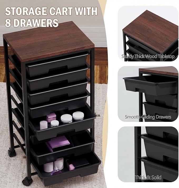 Rolling Cart with 8 Drawers, Storage Drawers Cart with Wooden Tabletop and Lockable Wheels, Craft Storage for Living Room, Office, Classroom, Craft Room, Bedroom (Black)