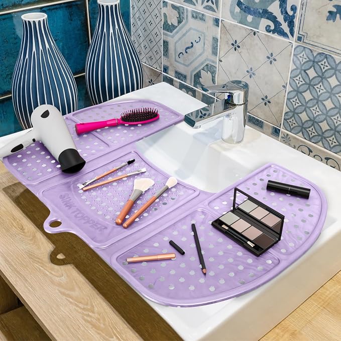 Sink Topper Bathroom Counter Cover & Storage Saver, Foldable Silicone Mat for Hot Tools, Hair Styling & Makeup, Beauty Brush Cleaning Mat, RV Camper Sink Cover & for Small Spaces (Large - Lavender)
