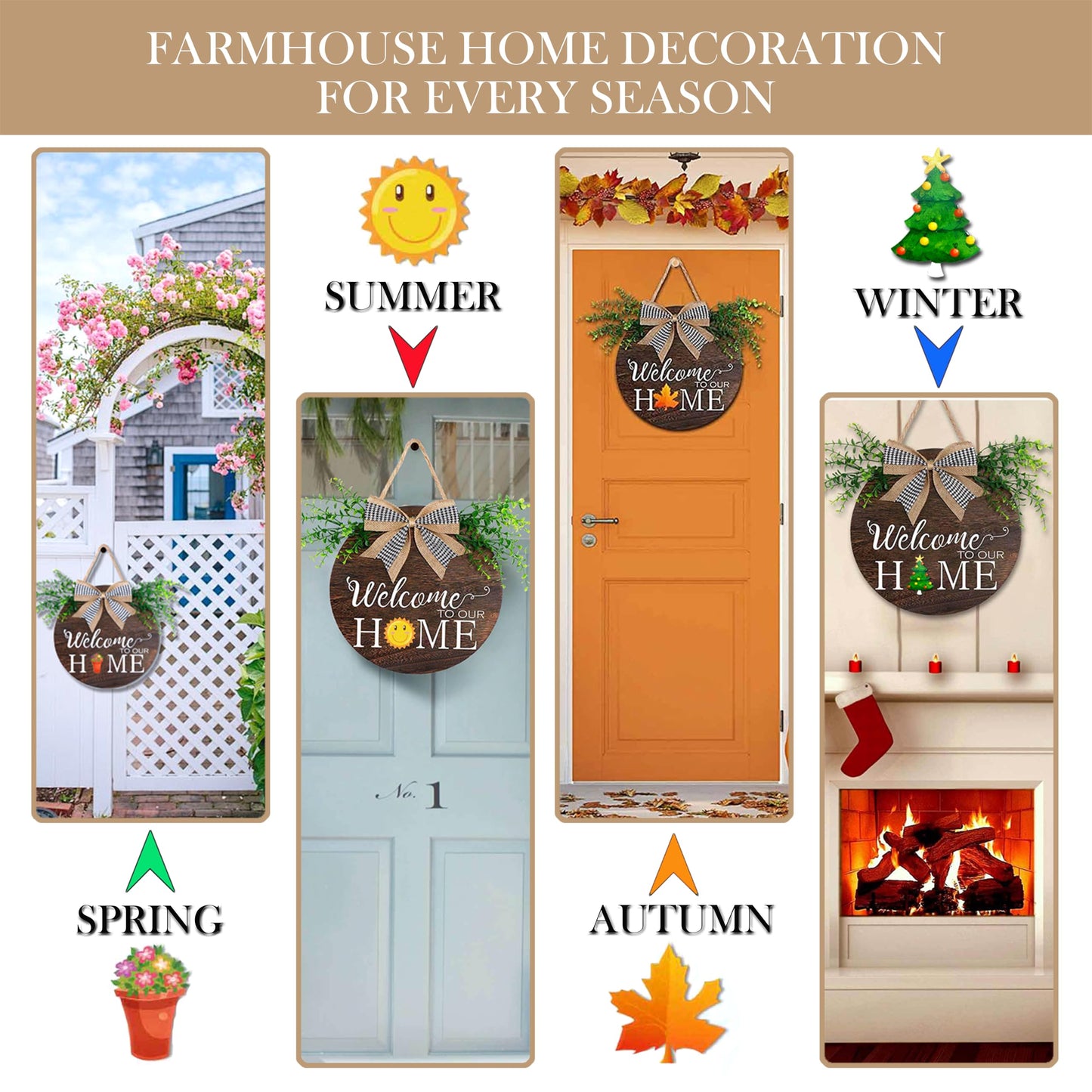 Yonuni Interchangeable Welcome to Our Home Sign, Equipped with 16 Replaceable Icons, Farmhouse Front Door Signs Wooden Wreath Suitable for All Seasons Holiday Halloween Christmas (12x12 Inch)