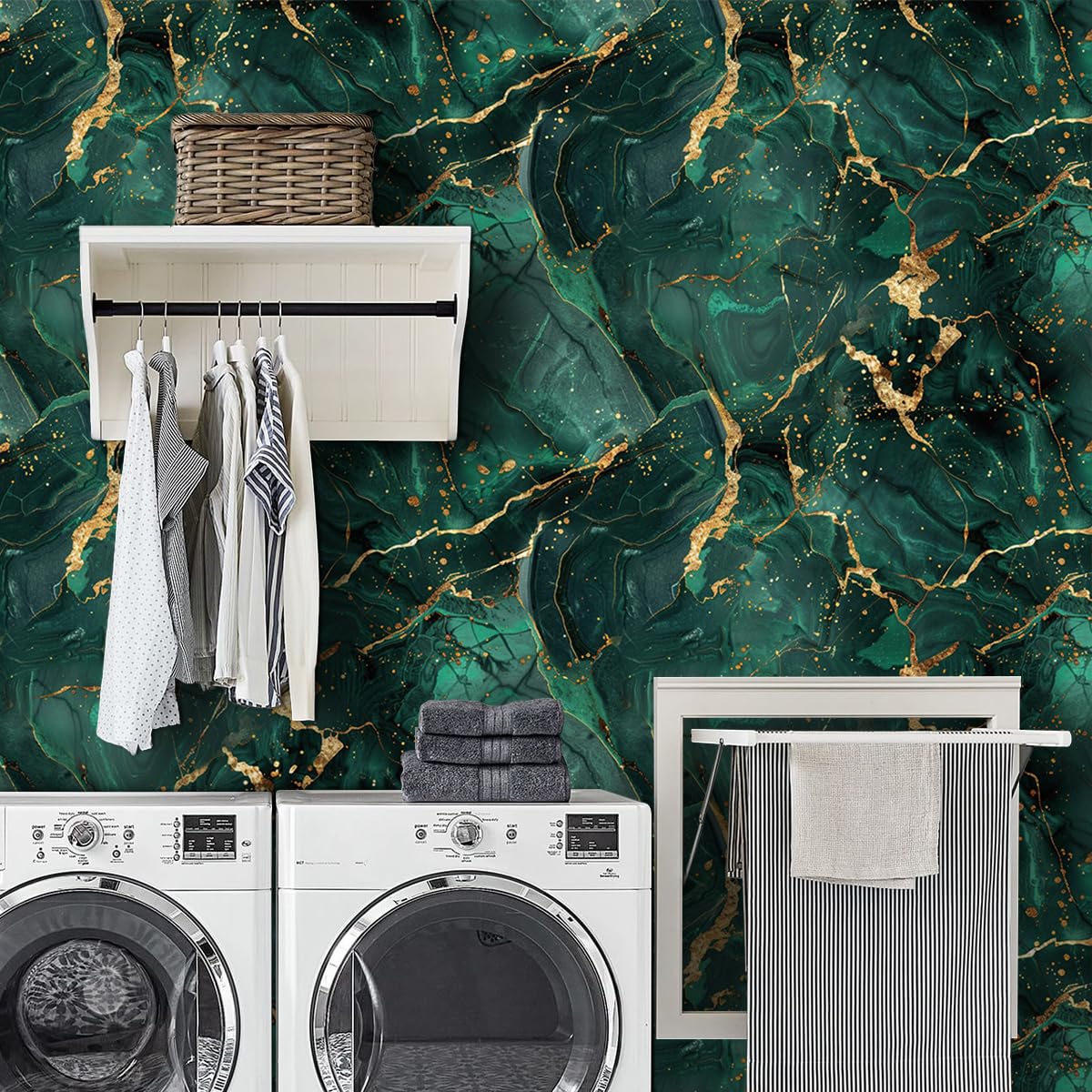 COKCOKR Emerald Gold Marble Art Wallpaper 17.71"x118.1"Vinyl Waterproof Removable Self Adhesive Contact Paper Aesthetic Wallpaper for Bathroom Countertops, Kitchen, Bedroom Background Walls