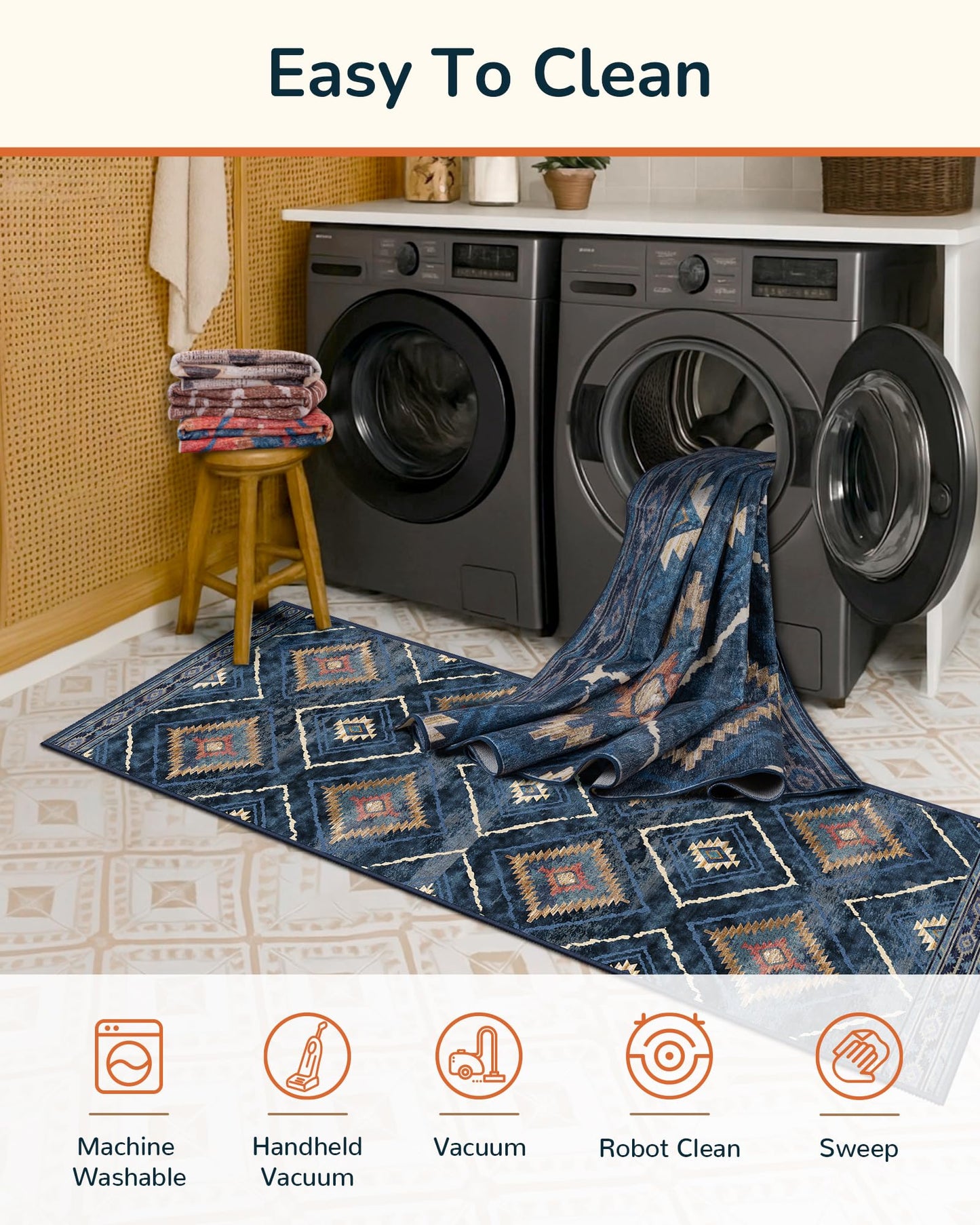 Area Rug 8x10 Rug Machine Washable Non-Slip Low Pile Print Pattern Western Rug for Living Room Bedroom Entryway Tribal Series -Darkblue