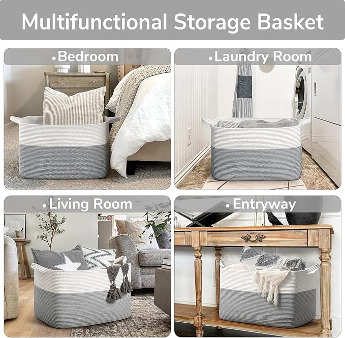 Goodpick Large Blanket Storage Baskets for Organizing, Woven Basket for Blankets, Clothes, Toy Basket Storage Kids, Rectangle Rope Baskets for Storage, 23.6" x 15.7" x 13.8"