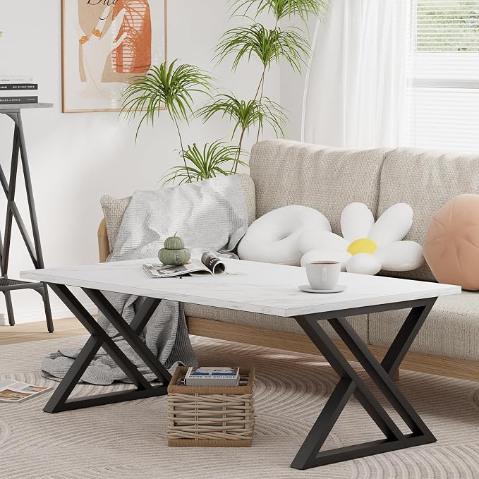 Wolawu Coffee Table White Living Room Center Table, Simple Modern Faux Marble Rectangular Tea Table with Sturdy Black Metal Frame,Industrial Wooden Coffee Table for Bedroom Home Office