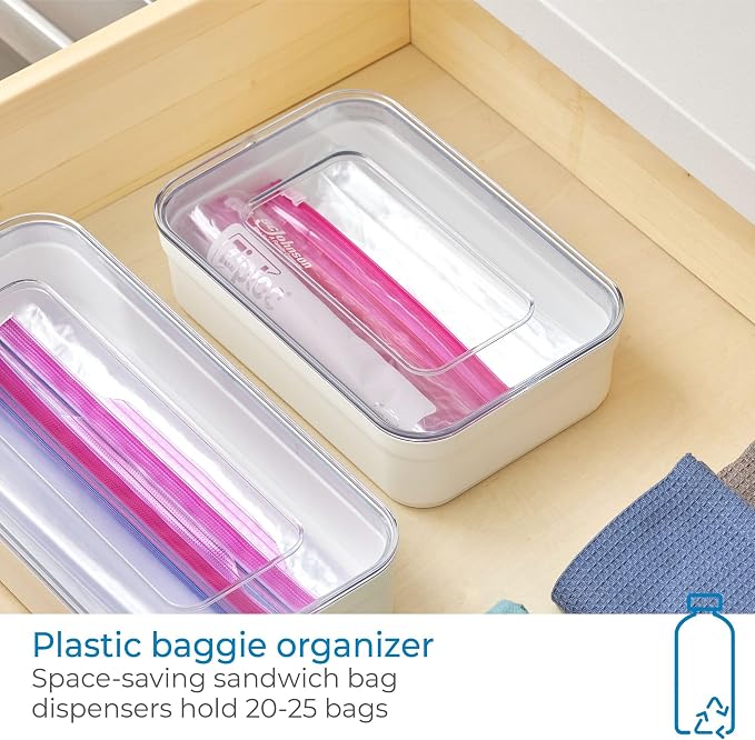 iDesign Sandwich Bag Organizer - Plastic Food Storage Bag Holder for Kitchen Drawer, Clear/White