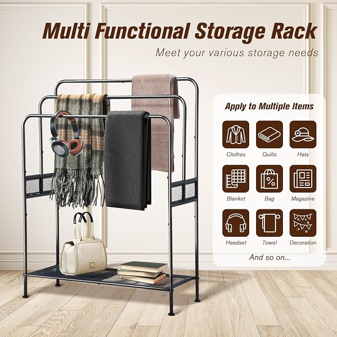 44" Extra Large Free Standing Towel Rack - 3 Tier Outdoor Pool Towel Holder, Versatile Blanket and Quilt Rack Stand for Living Room, Bathroom, Bedroom, Beach, Hot Tub, Gym and Pool Area Outside