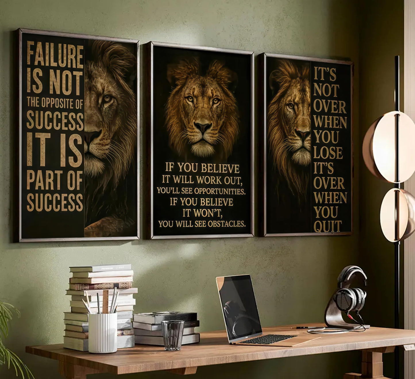 3Pcs Inspirational Lion Office Canvas Wall Art Inspiring Motivational Quotes Animal Painting Picture Wall Decor Poster Print Artwork for Bedroom Man Cave Study Home Decoration