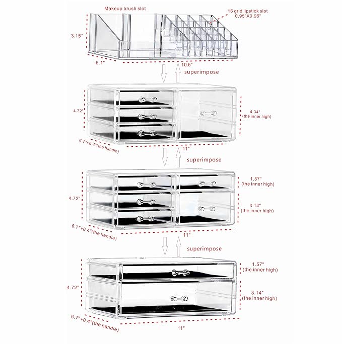 Cq acrylic Clear Makeup Storage Organizer Drawers Skin Care Large Cosmetic Display Cases Stackable Storage Box With 11 Drawers For Dresser 1 Pack